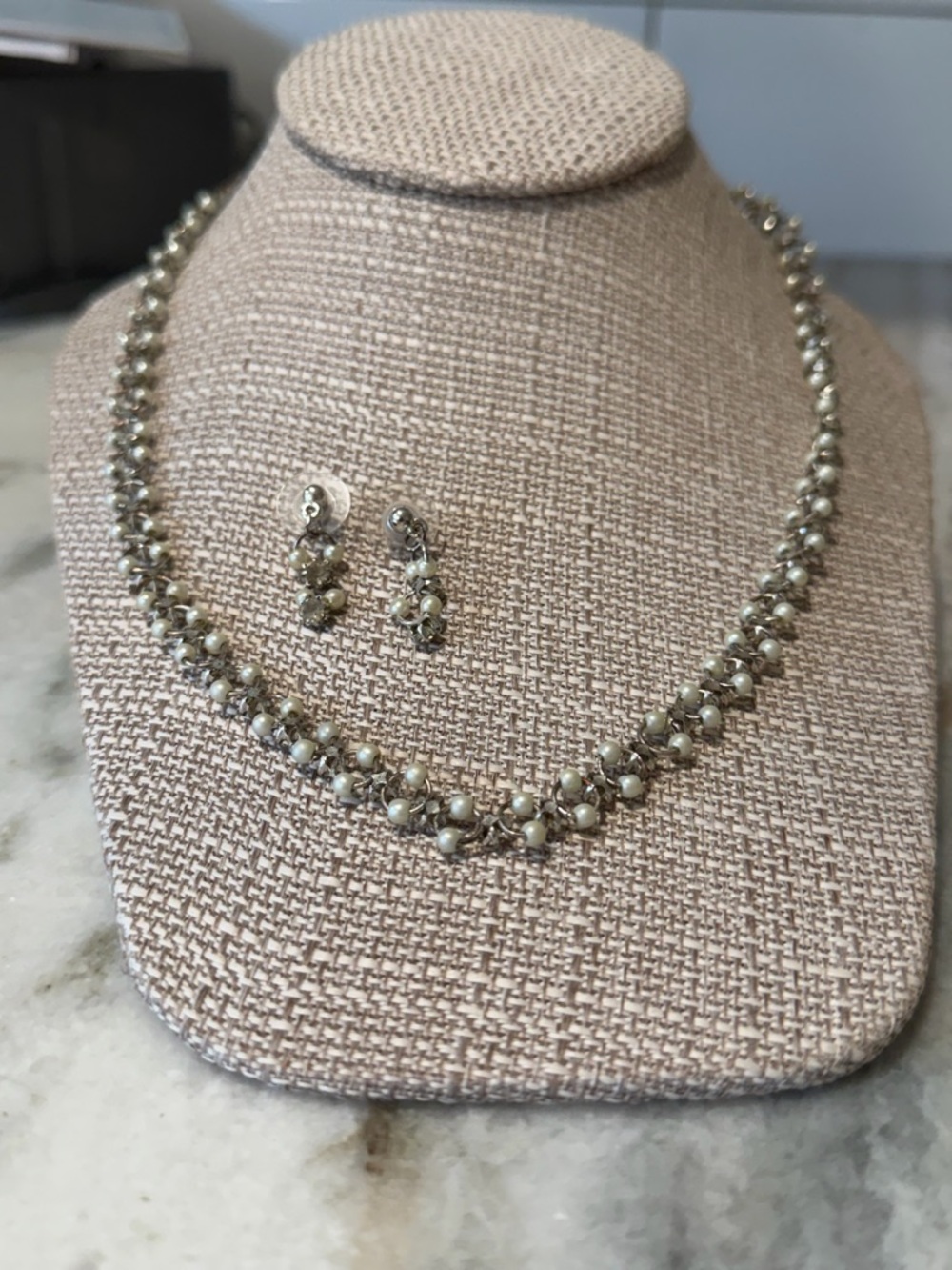 Pearl-Accented Silver Tone Necklace and Earring Set